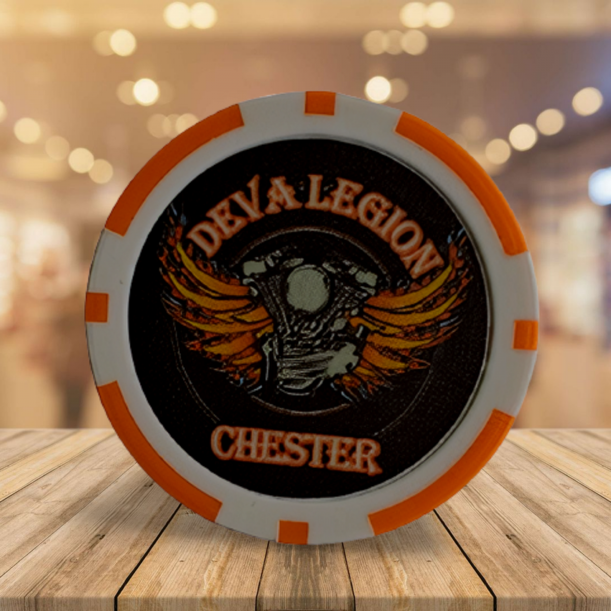 #030 A collectible Deva Legion poker chip featuring bold chapter branding and vibrant colours. Perfect for swapping, gifting, or adding to your collection. A lightweight, iconic keepsake that celebrates your connection to the Deva Legion, ideal for members who love meaningful memorabilia.