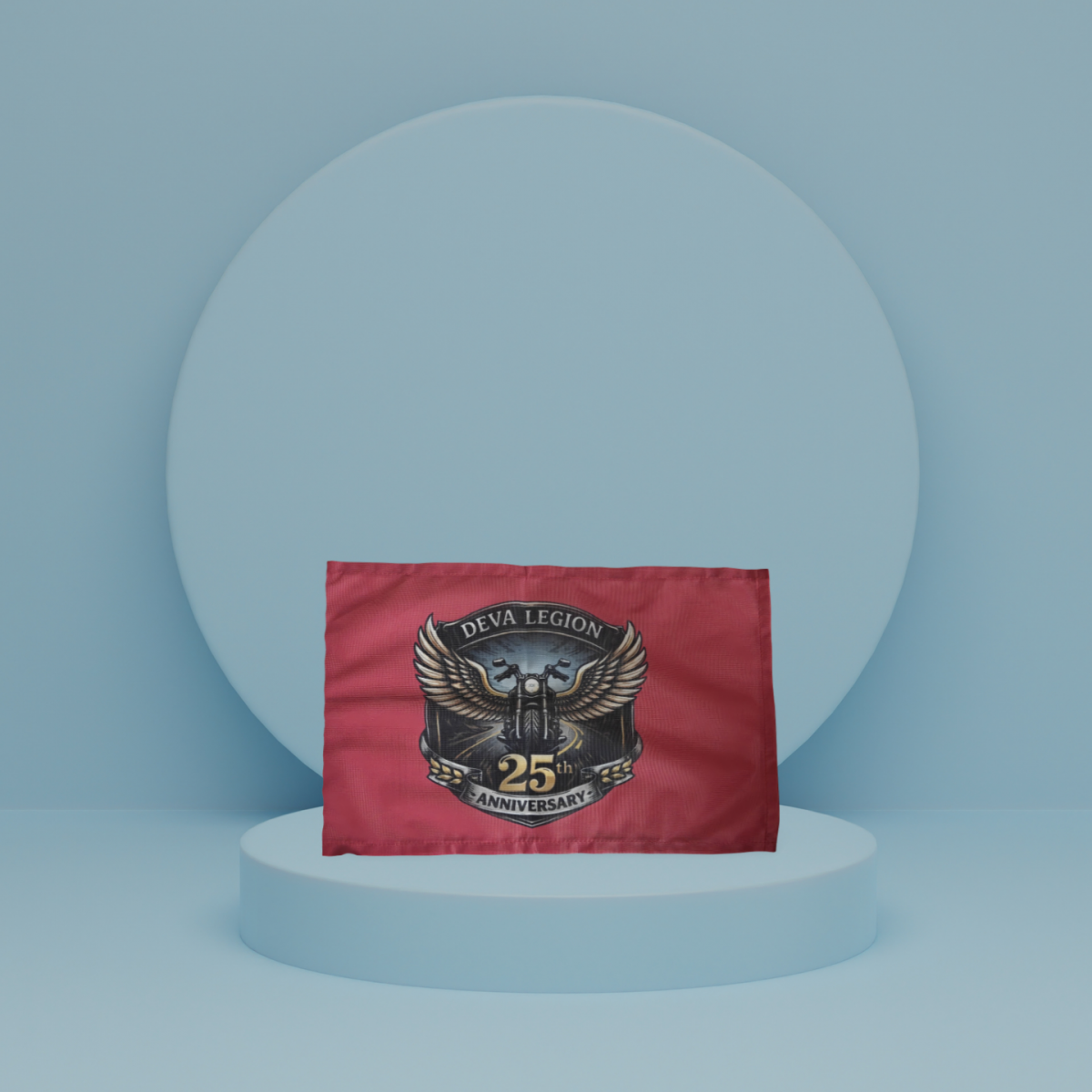 #001 A small, cloth bike-flag proudly celebrating the Deva Legion's 25th 