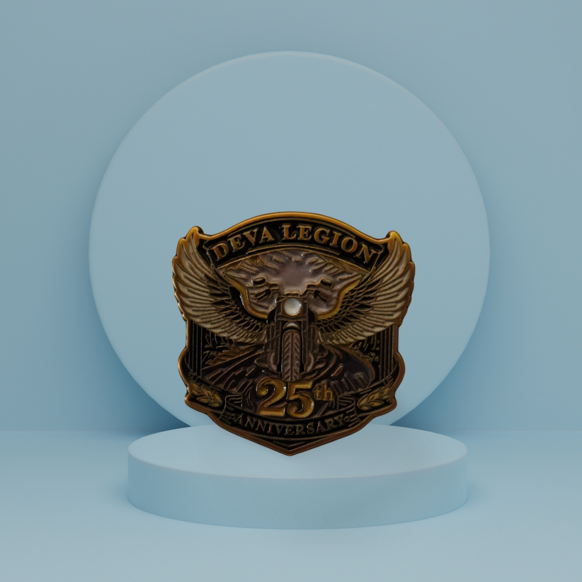 #004 A classic pin badge proudly celebrating the Deva Legion's 25th year. Hard-wearing for jackets, cuts, or bags, a timeless momento of Deva longevity designed to stand out on every road and every ride.